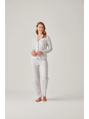 Gri Çizgili Önden Düğmeli Baskılı Modal Pamuk Kadın Pijama Takımı