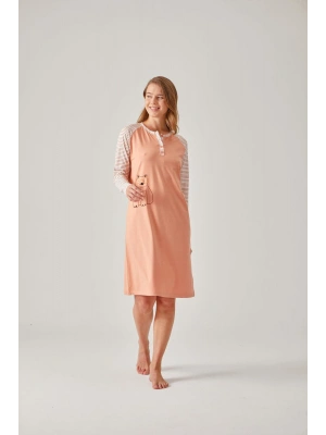 Turuncu Çizgili Raglan Kollu Baskılı Modal Pamuk Kadın Gecelik