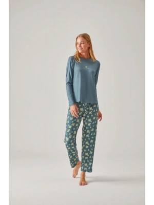 Koy Yeşil Çiçek Baskılı Bisiklet Yaka Viskon Kadın Pijama Takımı