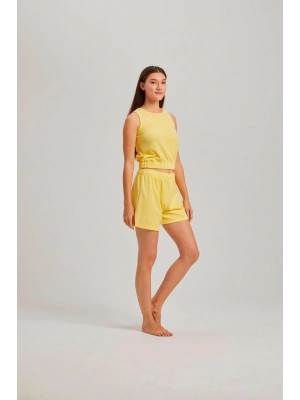 Sarı Kalın Askılı Viskon Kadın Şortlu Takım