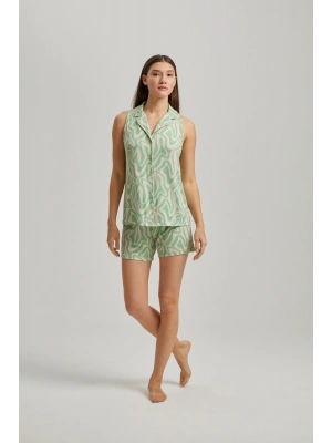 Yeşil Dalga Desen Kısa Kollu Düğmeli Şort Takım