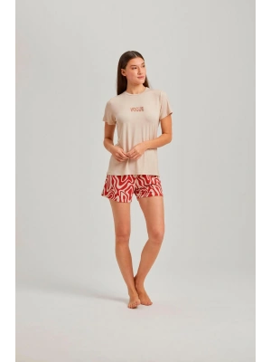 Taş Rengi Bisiklet Yaka Vogue Baskılı Dalga Desen Viskon Şortlu Kadın Pijama Takım