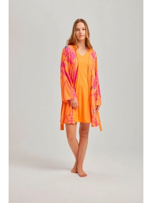Turuncu Çizgili Desen Viskon Kadın Sabahlık