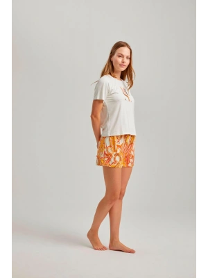 Ekru Baskılı Bisiklet Yaka Tişört Şal Desen Viskon Kadın Şortlu Takım