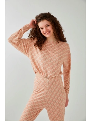 Pudra Rengi Çıtır Desenli Crop Pijama Takımı