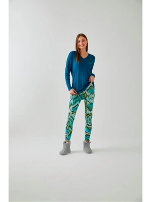 Petrol Mavi V Yaka Etnik Desen Tayt Takım
