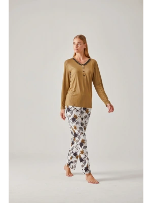 Ceviz Yeşil Tişört & Siyah Ceviz Yeşil Çiçek Desenli Viskon Kadın Pijama Takımı