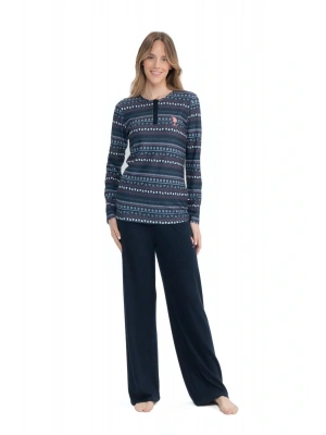 17113 Kadın Lacivert Uzun Kollu Yuvarlak Yaka Patlı Pijama Takım