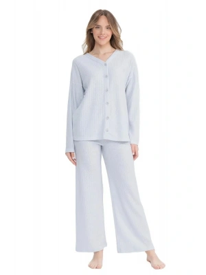 U.s Polo Assn. 17097 Kadın Delikli Polar Waffle Kumaş  Uzun Kollu Önden Düğmeli Pijama Takım-Grimela