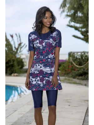 Kadın Lacivert Likralı Desenli Yarım Tesettür Mayo