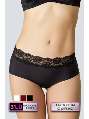 3lü Ekonomik Paket Ekru-bordo-siyah 2844 Dantelli Lazer Kesim Yüksek Bel Külot (AĞ KISMI PAMUKLU)