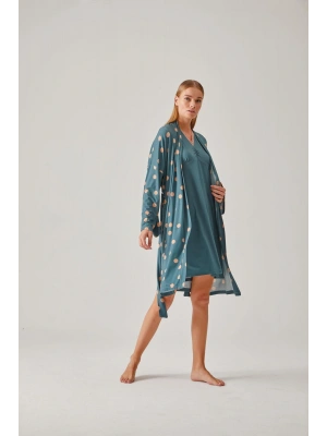 Yeşil Puantiye Desenli Dantelli Viskon Kadın Sabahlık