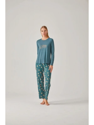 Yeşil Baskılı Tişört Puantiye Pantolon Viskon Kadın Pijama Takımı