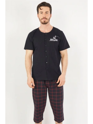 Pamuklu Erkek Tamamı Düğmeli Kısa Kol Kaprili Pijama Takım