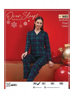 OVER SLEEP 1613  POLEREN LACIVERT ŞARDONLU PİJAMA TAKIMI