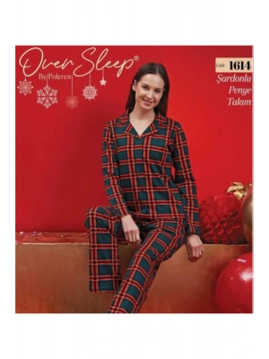 OVER SLEEP 1614  POLEREN YEŞİL ŞARDONLU PİJAMA TAKIMI
