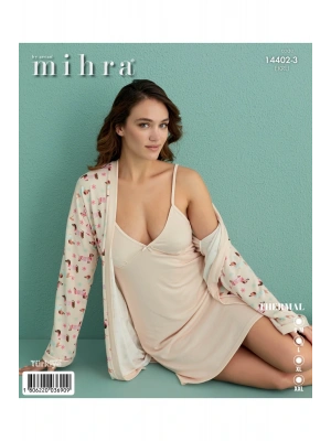 14402-3 Ekru Sevimli Köpek Termal Gecelik Sabahlık Takım