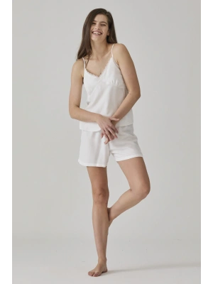 KADIN EKRU JAKARLI İP ASKILI ŞORTLU TAKIM