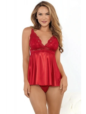 Kadın Kırmızı Saten Mini Gecelik - 8606