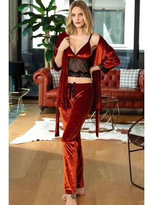 Kadın Kadife Dantelli Sabahlık Balensiz Desteksiz Dolgusuz Bralet Sütyen Ve Pantolon Pijama 3lü Takı