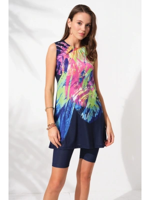 231903 Lacivert Desenli Kolsuz Tesettür Mayo Takım