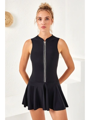 UV Korumalı Önü Fermuarlı Etekli Yüzücü Mayo Elbise Mayo 4160 Siyah