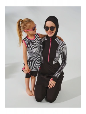 Flamingo Desenli Yanları Büzgülü Sıfır Kol Şort Taytlı Çocuk Mayo 24103-25 Siyah