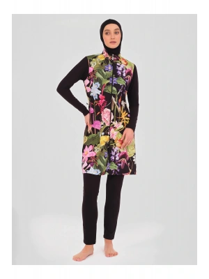 Doğa Desenli Tesettür Mayo - Siyah -
