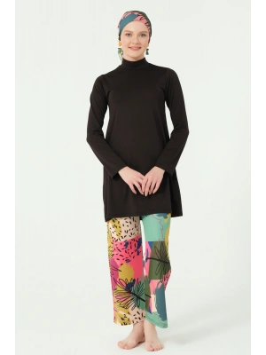 Florin Desenli Bol Paça Pantolonlu Tam Tesettür Mayo Siyah - 25638-25