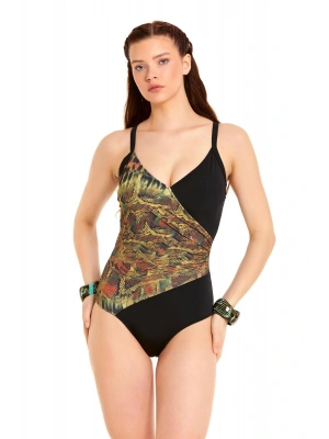 Krokodil Desenli İncelten Etkili Kruvaze Mayo