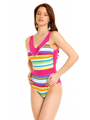 01-0558-1204 Kadın Pembe Çizgi Desenli V Yaka Mayo