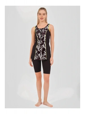 Desenli Biye Süslemeli Askılı Yarı Kapalı Mayo - Siyah -