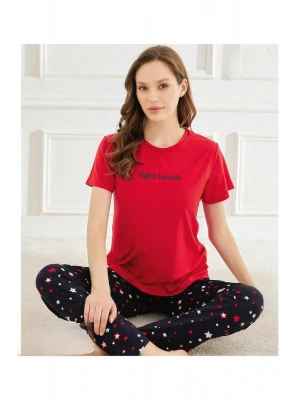 Kadın Bisiklet Yaka MİLAN Likralı Kısa Kol Pijama Takımı 50107Kırmızı - 1 Adet