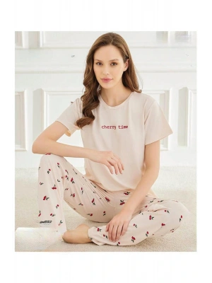 Kadın Bisiklet Yaka MİLAN Likralı Kısa Kol Pijama Takımı 50107Ekru - 1 Adet