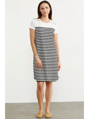 Düğme Detaylı Çizgili Penye Elbise - Siyah