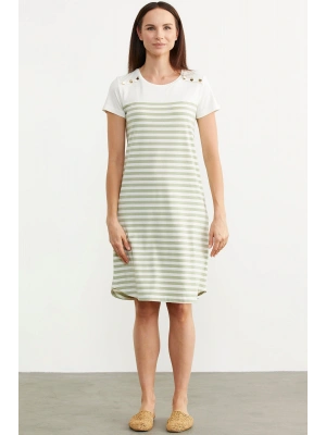 Düğme Detaylı Çizgili Penye Elbise - Yeşil