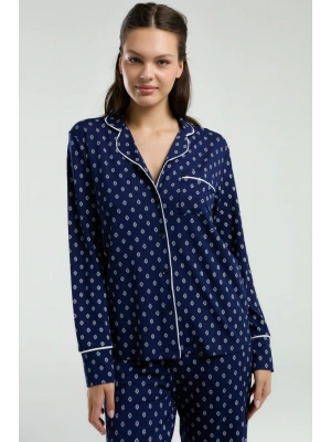 Boydan Düğmeli, Uzunkol Desenli Pijama Takım, Kutulu Çeyizlik Pijama Takım, %96 Viskon