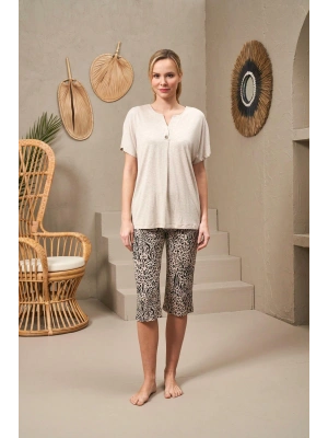 25112 Kadın Leopar Desenli Kısa Kollu Kapri Takım