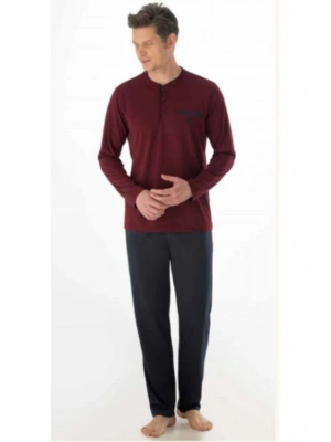 %100 Pamuk Pijama Takımı O Patlı Uzun Kol Erkek Hediyelik Damat Kutulu Bordo