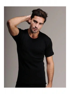 Erkek Kısa Kollu Sıfır Yaka Siyah Saf Yün Üst % 75 Yün % 25 Akrılık