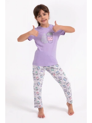 Eat Sleep Coffee Repeat Lila Kız Çocuk Pijama Takımı