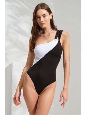 Kadın Siyah Beyaz Tek Omuz Mayo DLX-231100