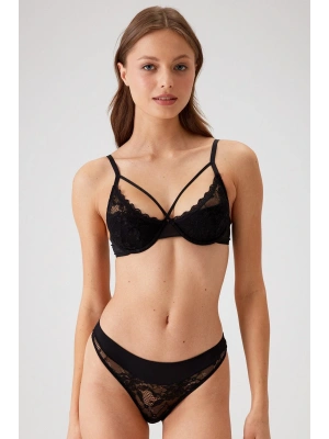 Siyah 4660 Robinetta Balenli Pedli Çiçek Dantelli Bralet Sütyen Ve Tanga / Fantezi Iç Çamaşır Takımı