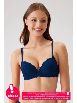Kadın Lacivert 6201 Milan Balenli Destekli Dantelli Sütyen (TAK - ÇIKAR ASKILI)