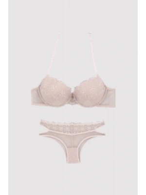 Kadın Pudra 4681 Balenli Destekli Sırt Detaylı Sütyen Takım