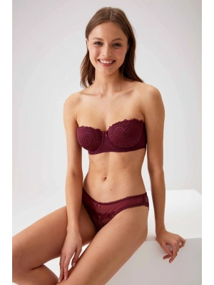 Kadın Mürdüm 4741 Balenli Soft Push Up Straplez Sütyen Takım