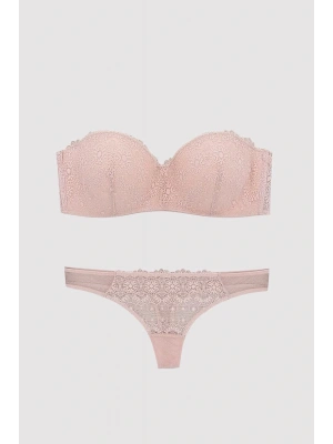 Kadın Pudra 4682 Balenli Desteksiz Straplez Sütyen Takım