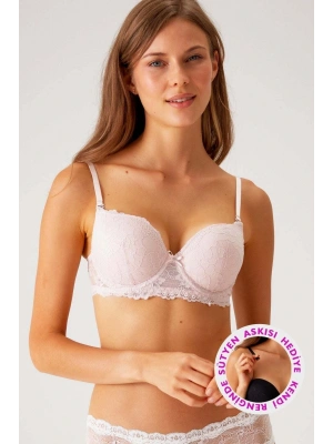 Kadın Pudra 6208 Ekstra Push Up Dolgulu Dantelli Sütyen