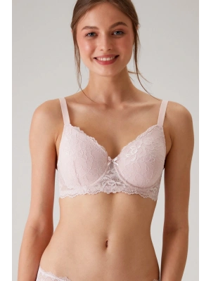 Kadın Pudra 6209 Barcelona Balenli Desteksiz Kalın Askılı Dantelli Toparlayıcı Sütyen