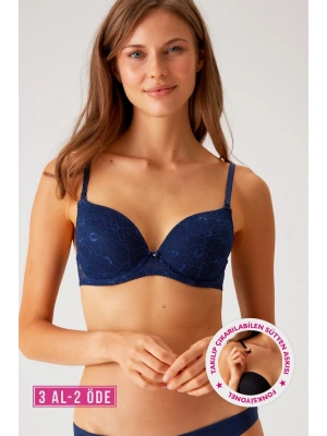 Kadın Lacivert 6220 Paris Balenli Desteksiz Dolgusuz Dantelli Sütyen (C CUP SEÇENEĞİYLE)
